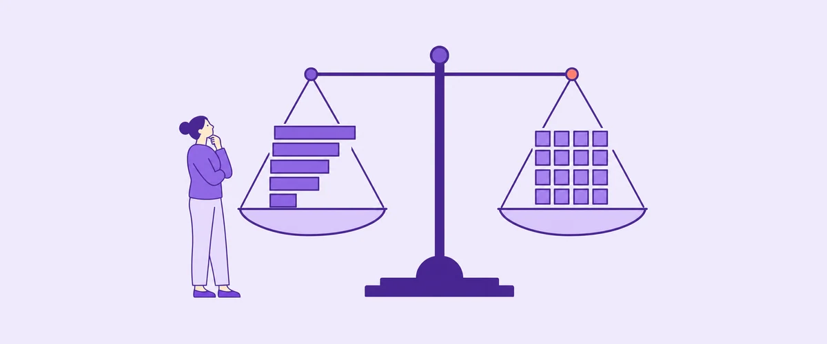 A balance scale weighing five bar-chart traits against a grid of sixteen squares