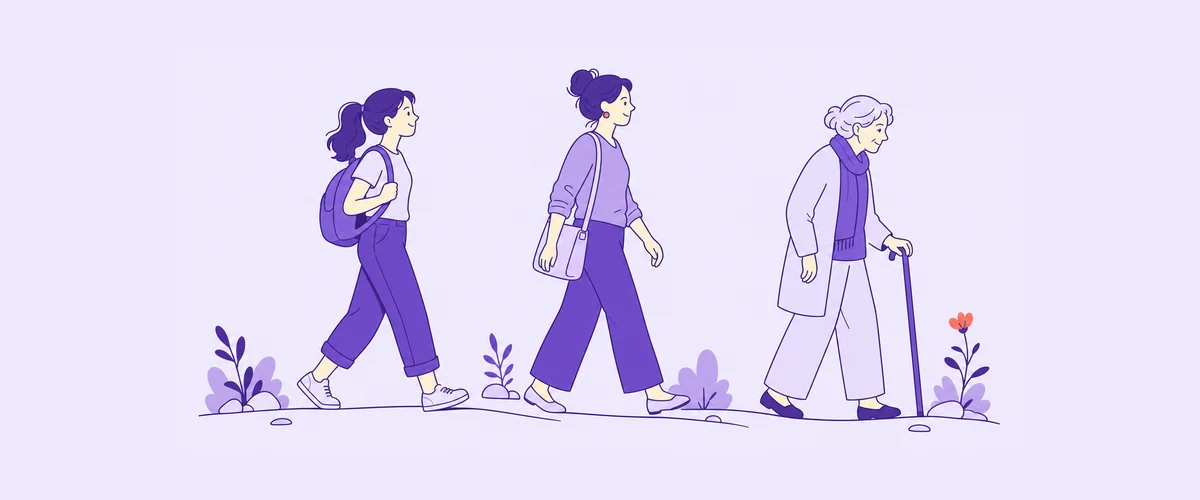 The same figure shown three times along a path, progressing from young to older