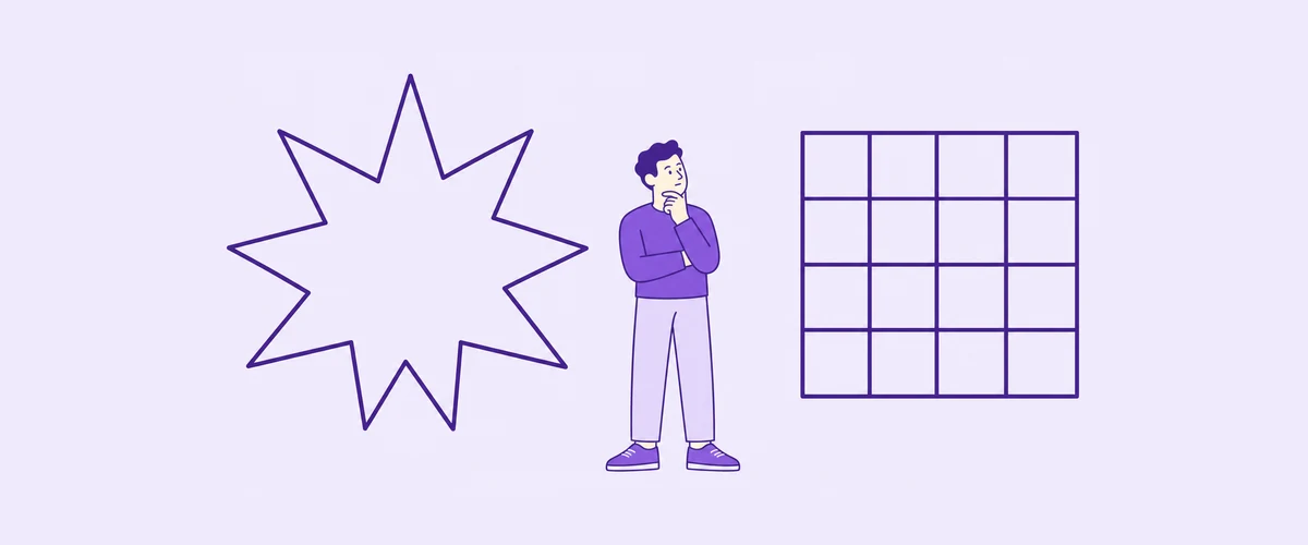 A nine-pointed star beside a four-by-four grid, with a person considering both