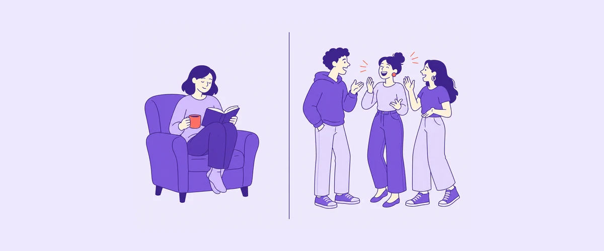 One person reading alone in an armchair beside three people talking together