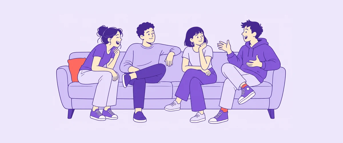 Four friends sitting together on a sofa in different postures