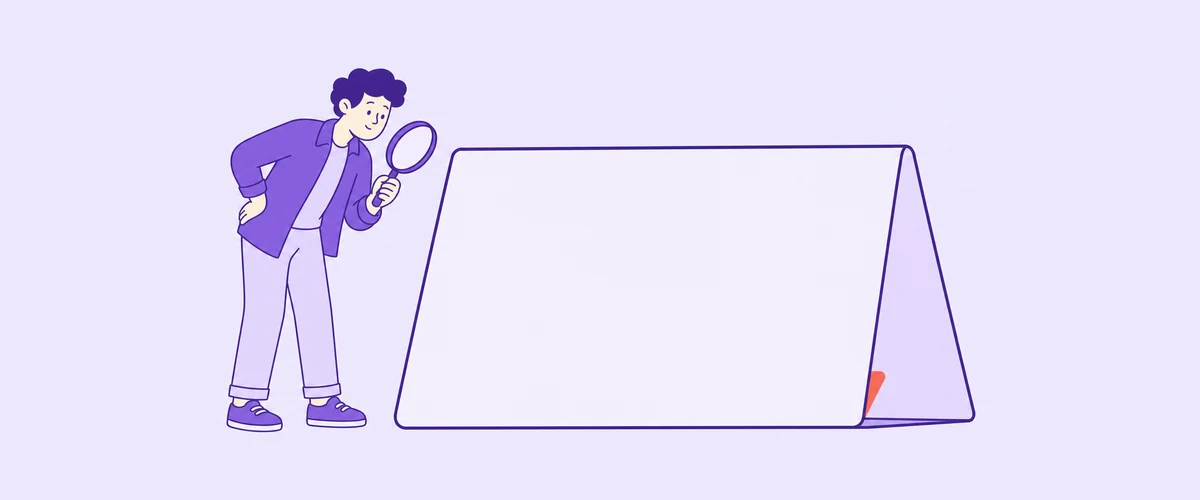 A person examining an oversized blank name card with a magnifying glass