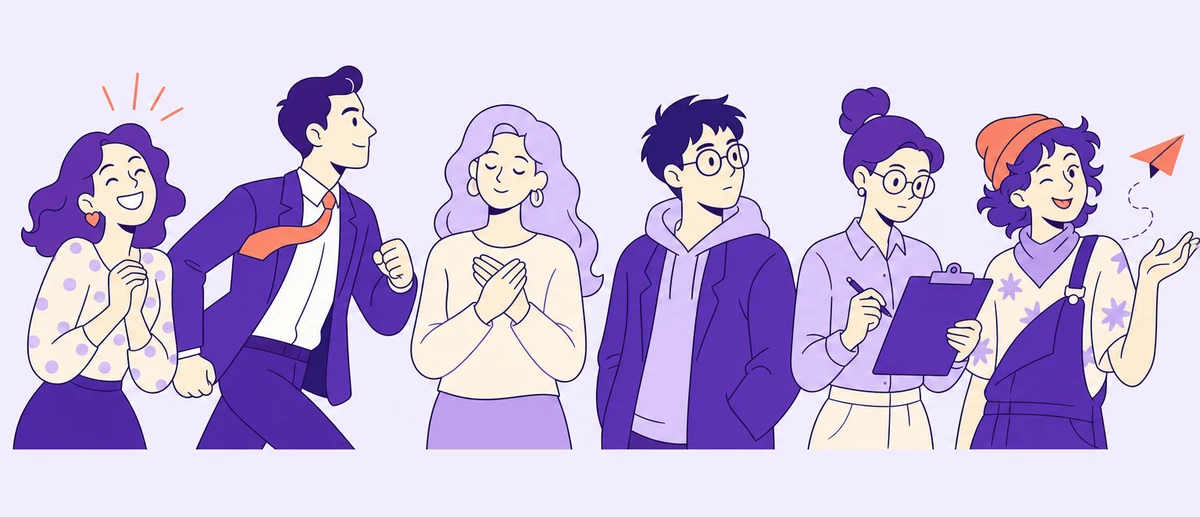Six illustrated personality types standing in a row: the Optimist, the Driver, the Peacemaker, the Observer, the Realist and the Wildcard